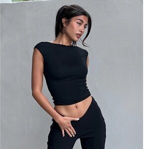 Sleek Black Cap-Sleeve Crop Top